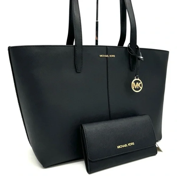 Michael Kors Medium Jet Set Travel Zip Tote Bag & Trifold Wallet Black/Gold